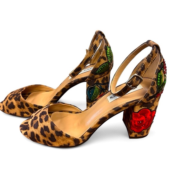 Steve Madden Merlys Cheetah Beaded Floral Ankle Strap Block Heel Shoes , 7.5M - Picture 1 of 11